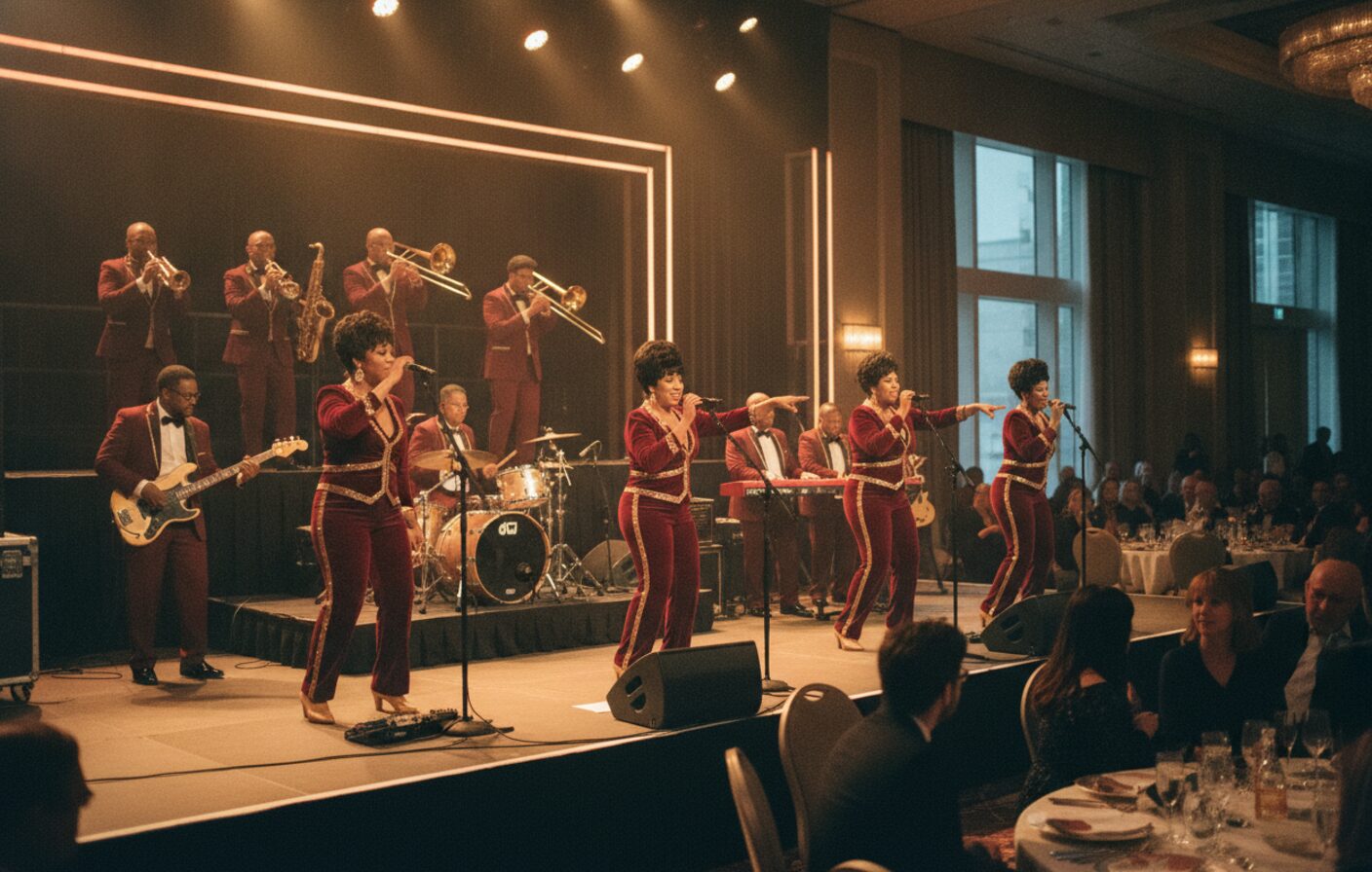 The Velvelettes on a corporate stage performing a branded show segment during a product launch event