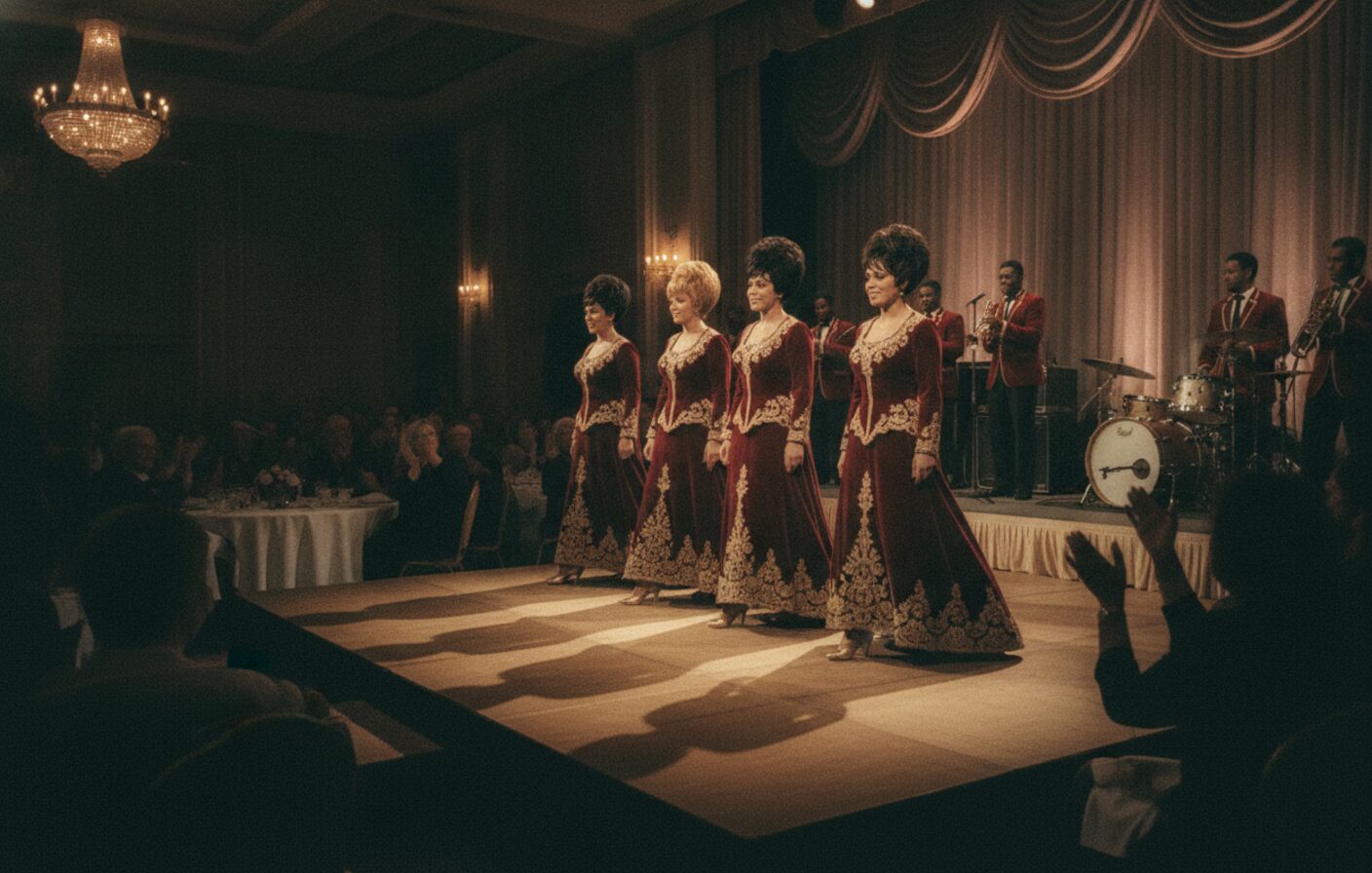 The Velvelettes Motown revue walk-on in claret gowns at a ballroom stage