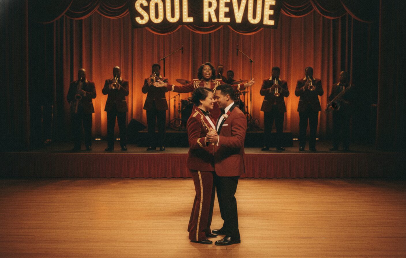 A couple's first dance with The Velvelettes live wedding band and horn section behind them