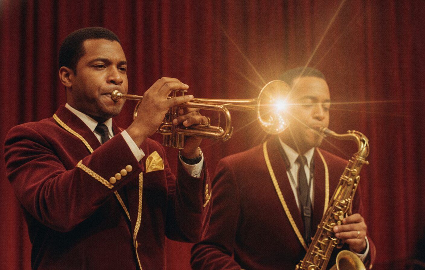 The Velvelettes horn section, trumpet and saxophones, mid-stab at a live soul show