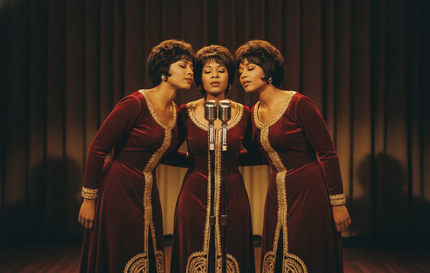 The Velvelettes trio singing three-part harmony at vintage microphones