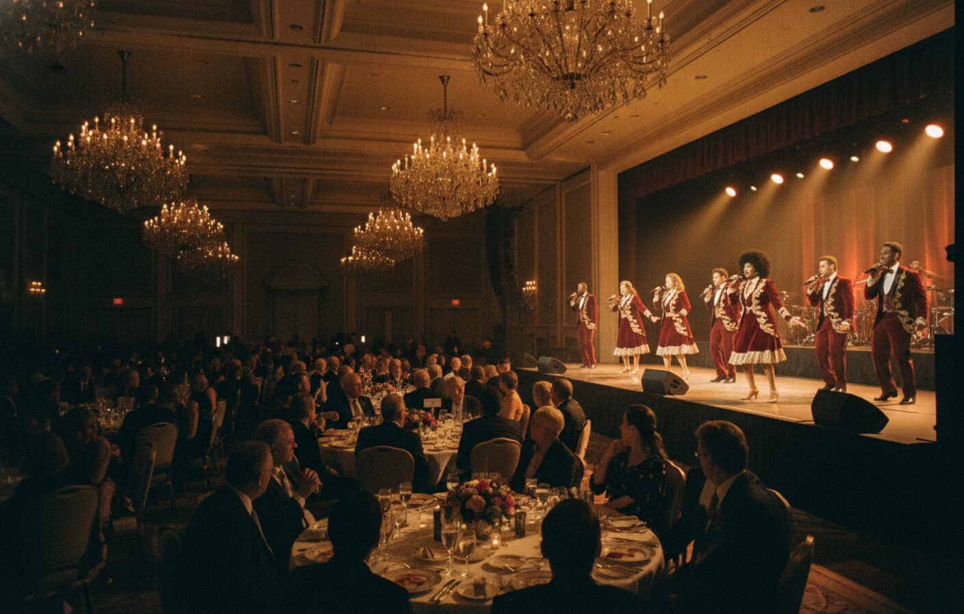 Wide view of a corporate gala stage with The Velvelettes full revue performing