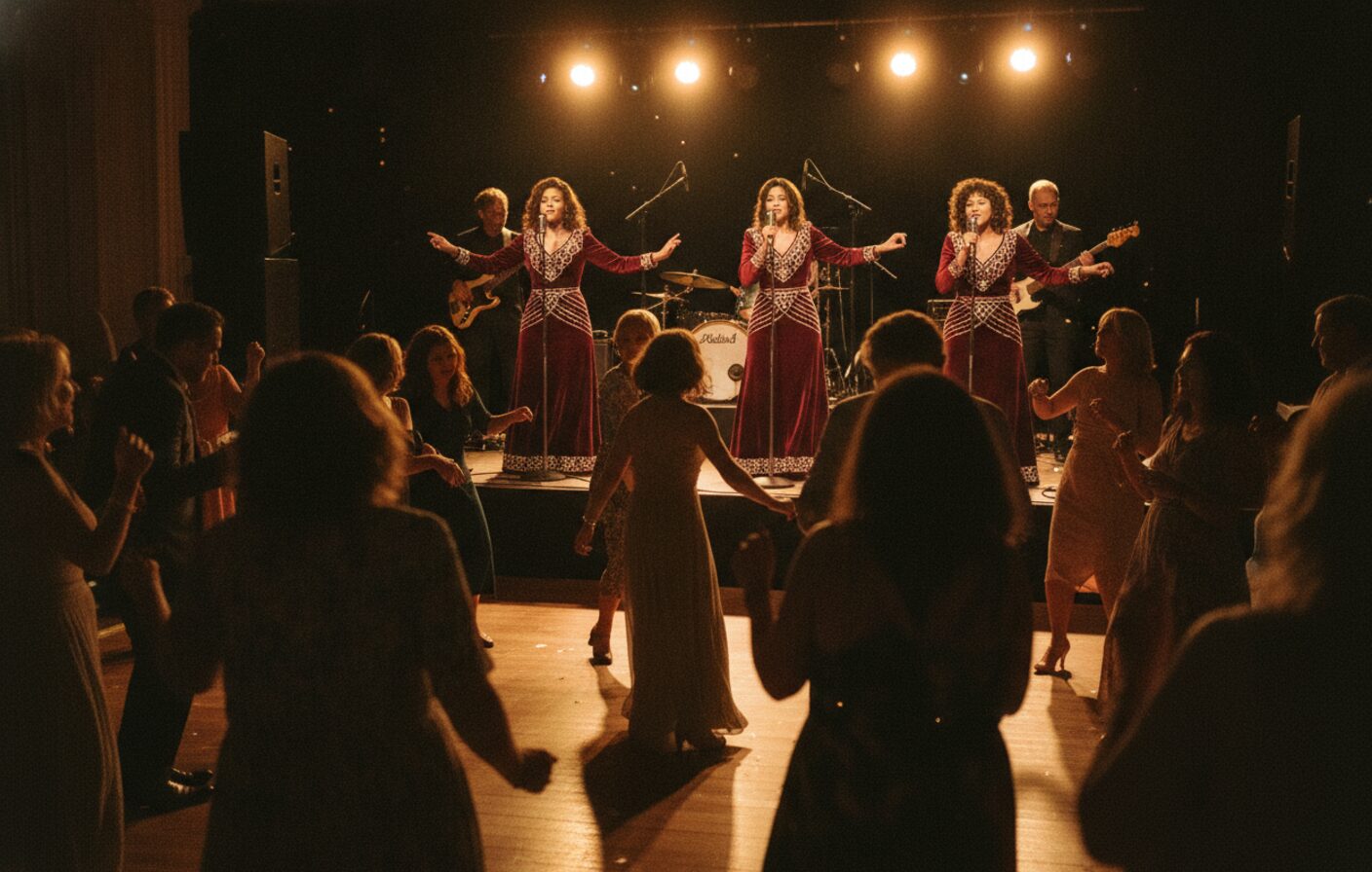 A packed wedding dancefloor with The Velvelettes soul revue and horn section performing at a reception