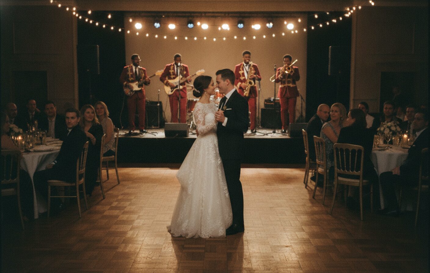 A couple's first dance with The Velvelettes live wedding band performing a custom horn arrangement